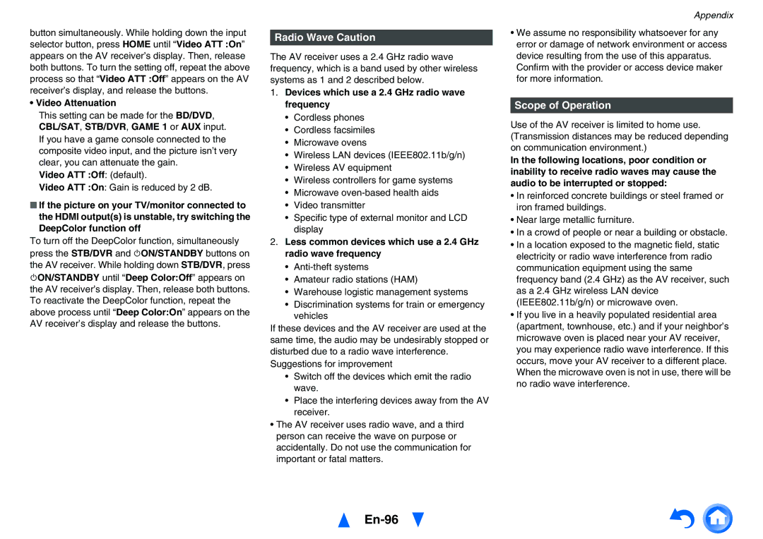 Onkyo TXNR828 instruction manual En-96, Radio Wave Caution, Scope of Operation 