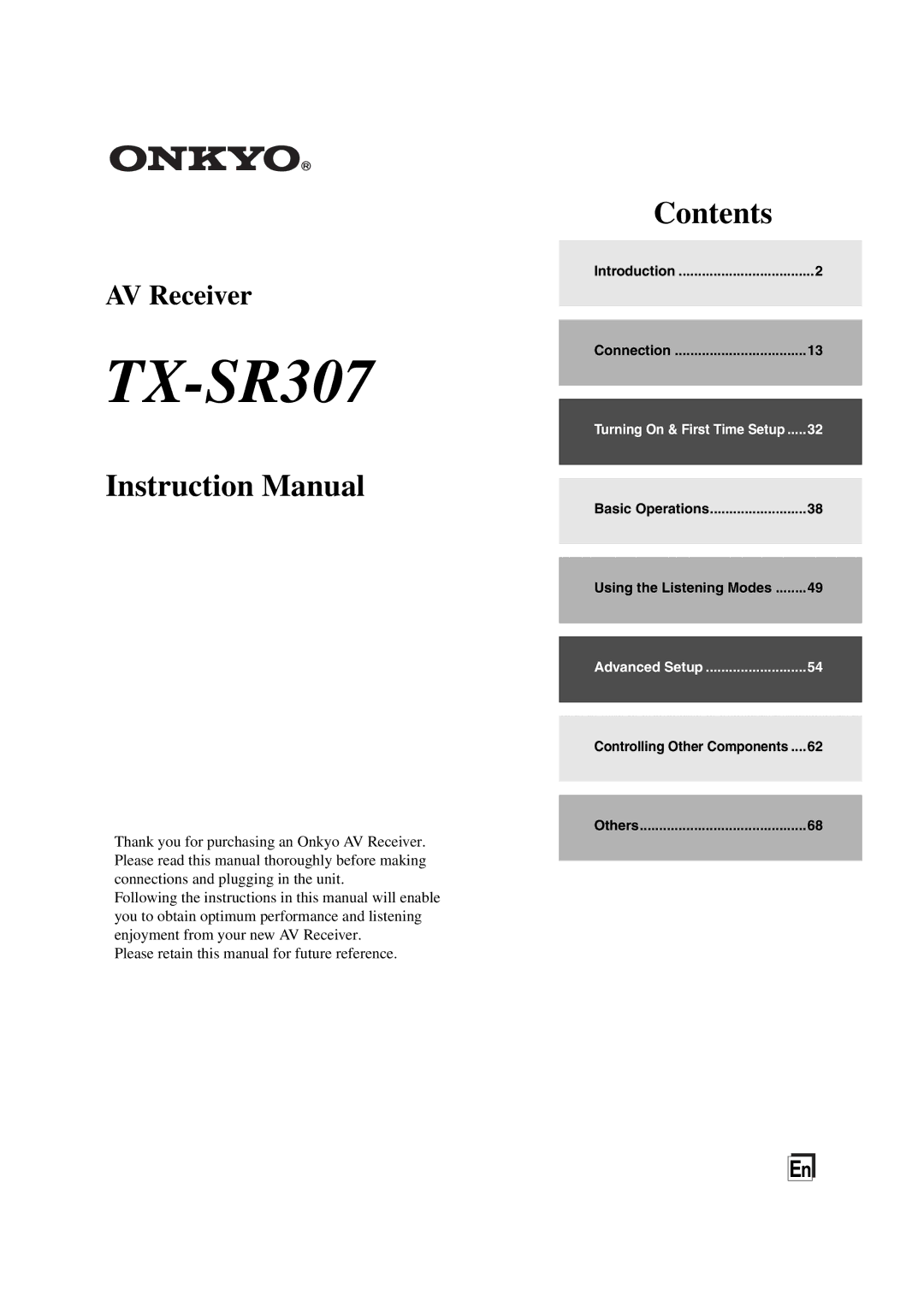 Onkyo TXSR307 instruction manual Introduction, Connection, Basic Operations Using the Listening Modes, Others 