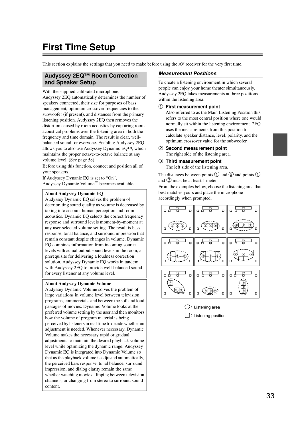 Onkyo TXSR307 instruction manual First Time Setup, Audyssey 2EQ Room Correction and Speaker Setup, Measurement Positions 