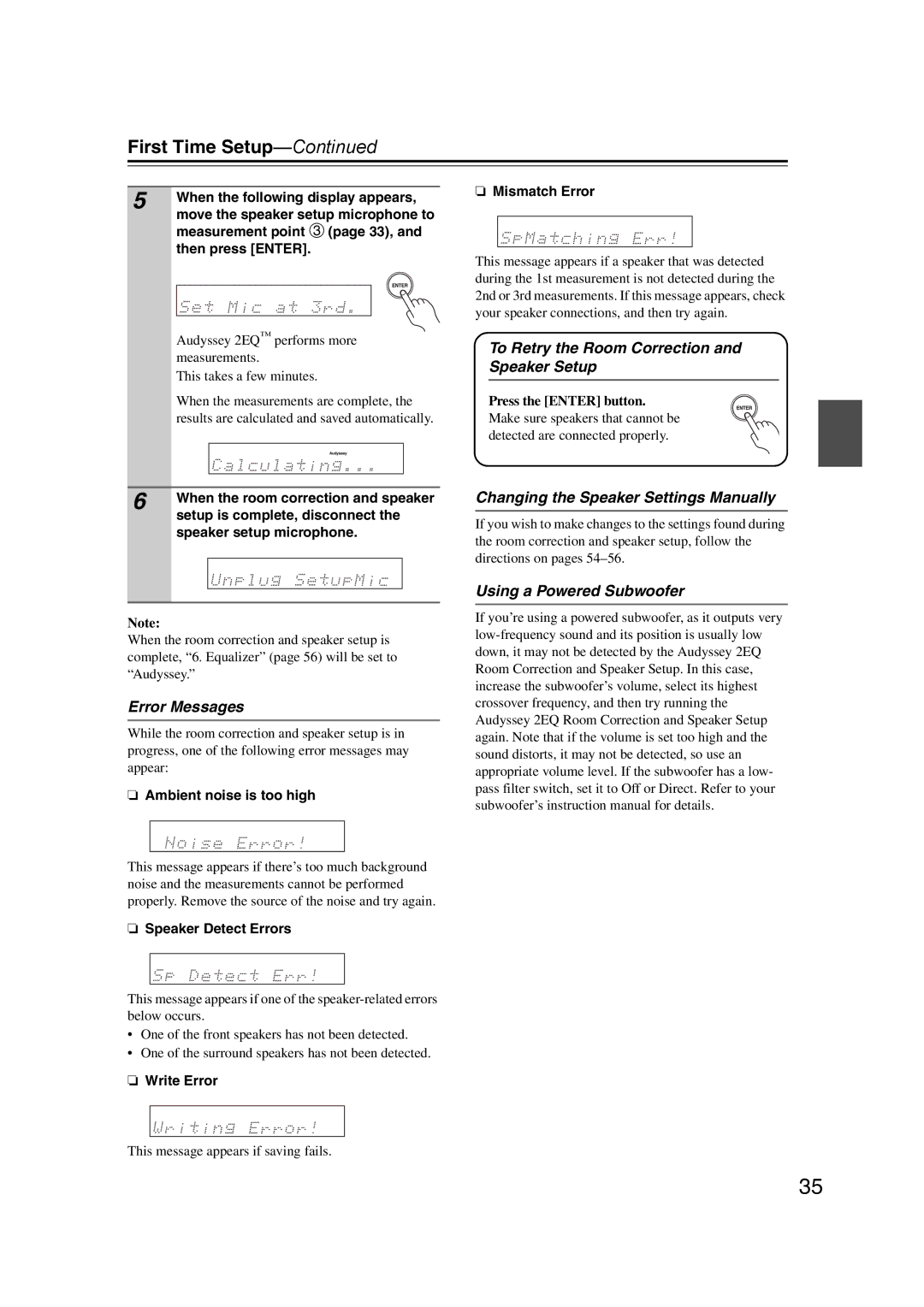 Onkyo TXSR307 Error Messages, To Retry the Room Correction and Speaker Setup, Changing the Speaker Settings Manually 