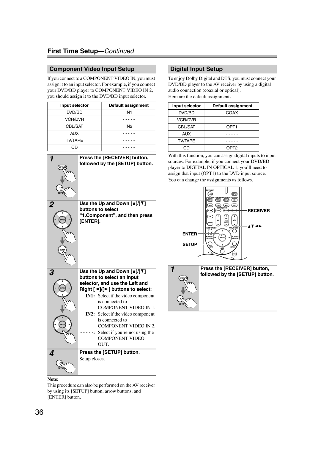 Onkyo TXSR307 instruction manual Component Video Input Setup, Digital Input Setup 