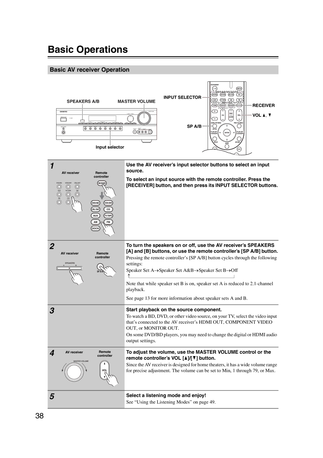 Onkyo TXSR307 instruction manual Basic Operations, Basic AV receiver Operation, Start playback on the source component 