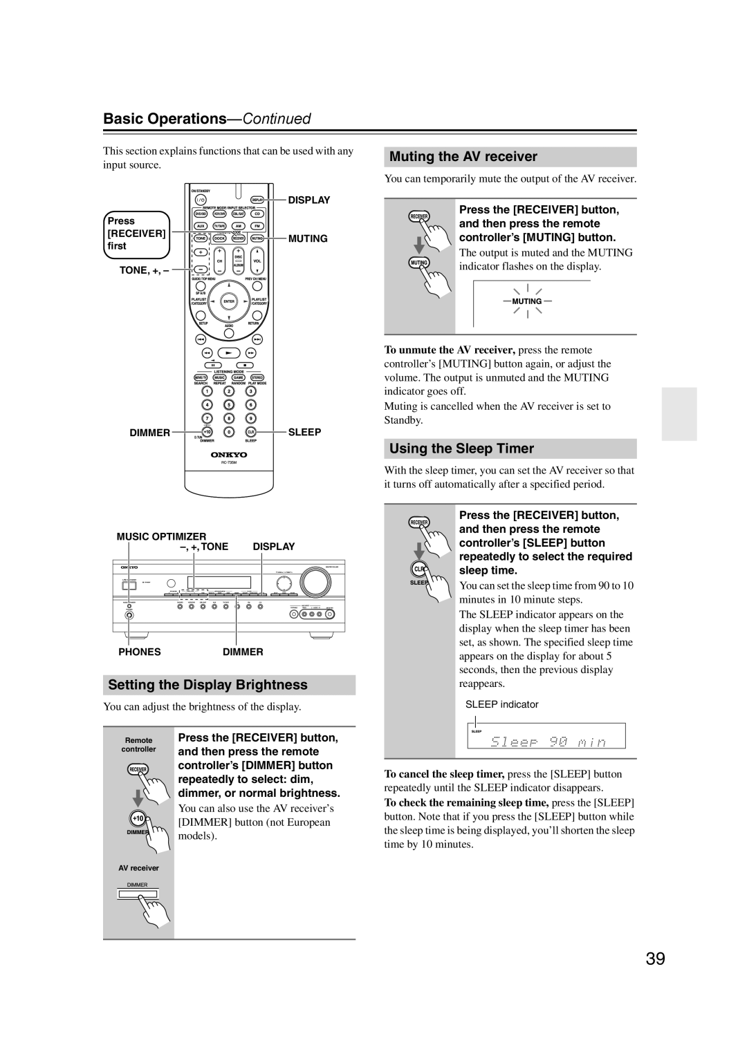 Onkyo TXSR307 Basic Operations, Setting the Display Brightness, Muting the AV receiver, Using the Sleep Timer 