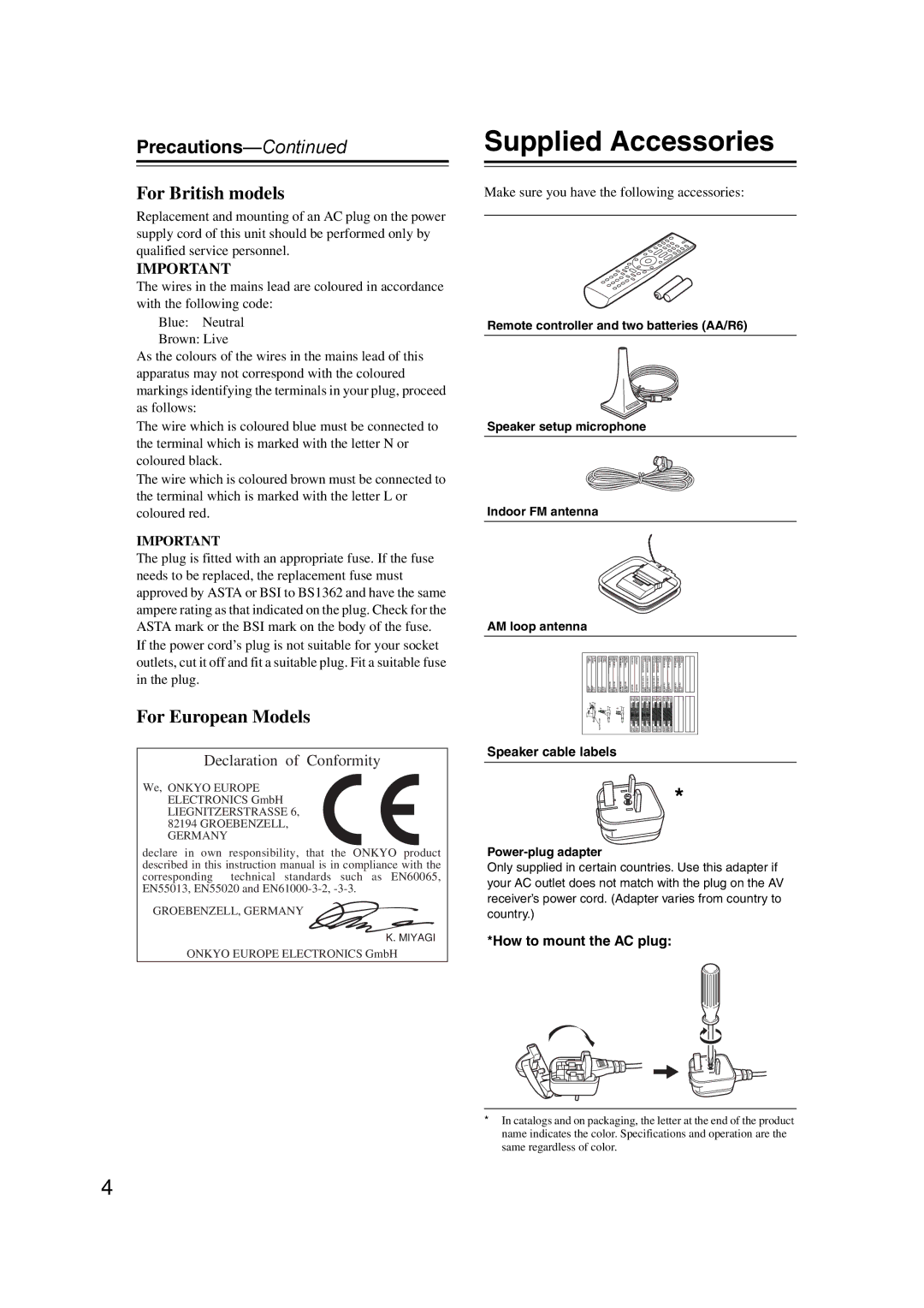 Onkyo TXSR307 instruction manual Supplied Accessories, Precautions, How to mount the AC plug 