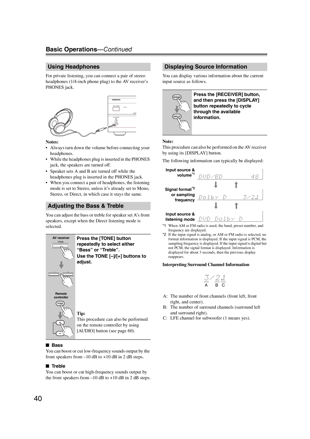 Onkyo TXSR307 instruction manual 7Using Headphones, Adjusting the Bass & Treble, Displaying Source Information 