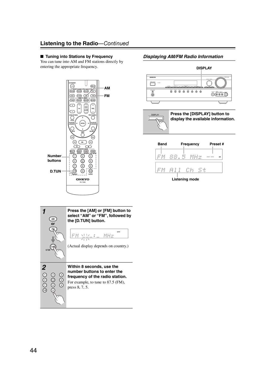 Onkyo TXSR307 instruction manual Displaying AM/FM Radio Information 