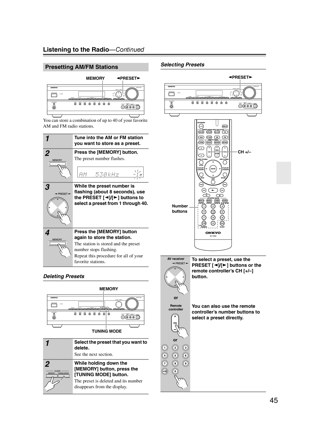 Onkyo TXSR307 instruction manual Presetting AM/FM Stations, Deleting Presets, Selecting Presets 