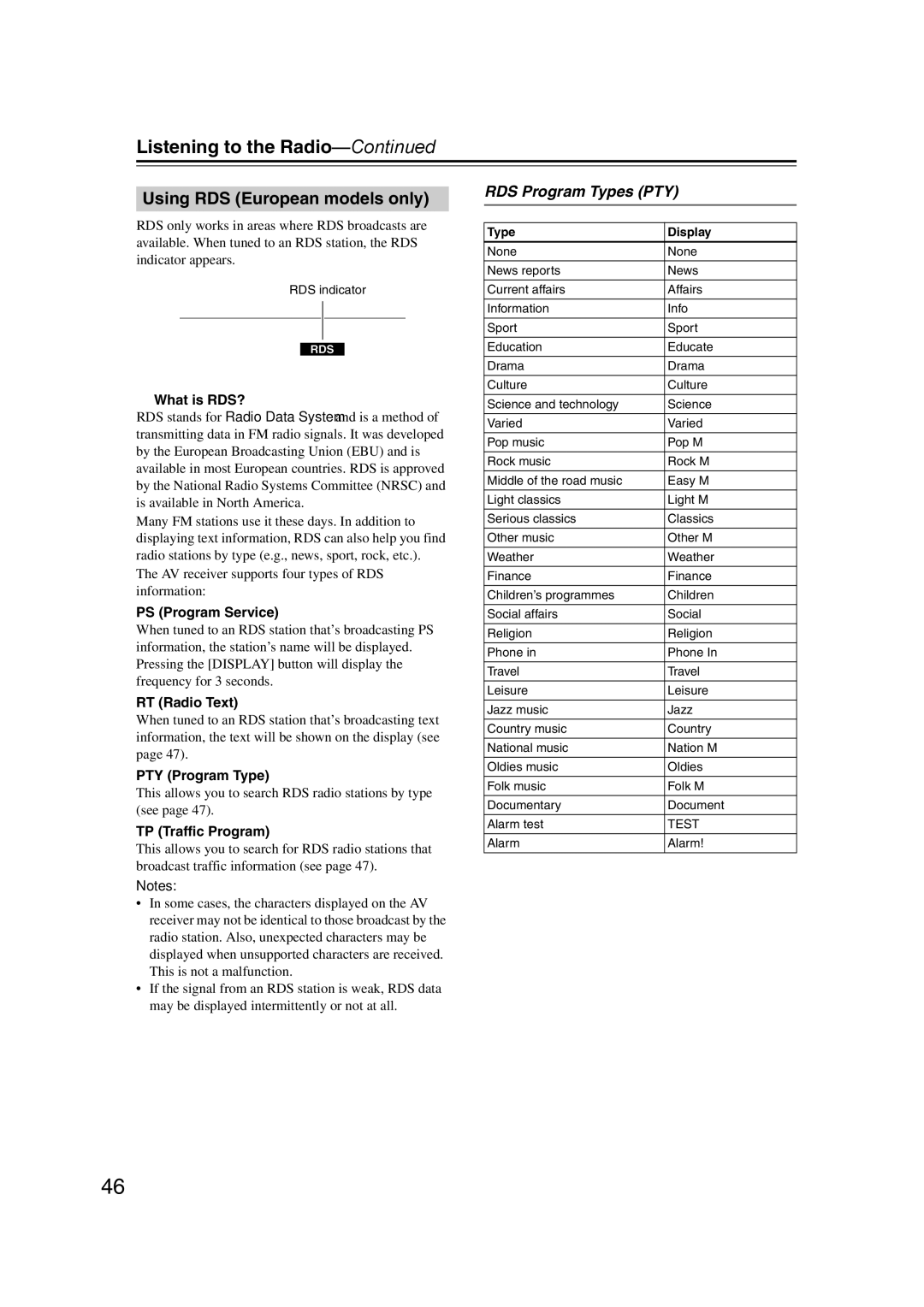 Onkyo TXSR307 instruction manual Using RDS European models only, RDS Program Types PTY 