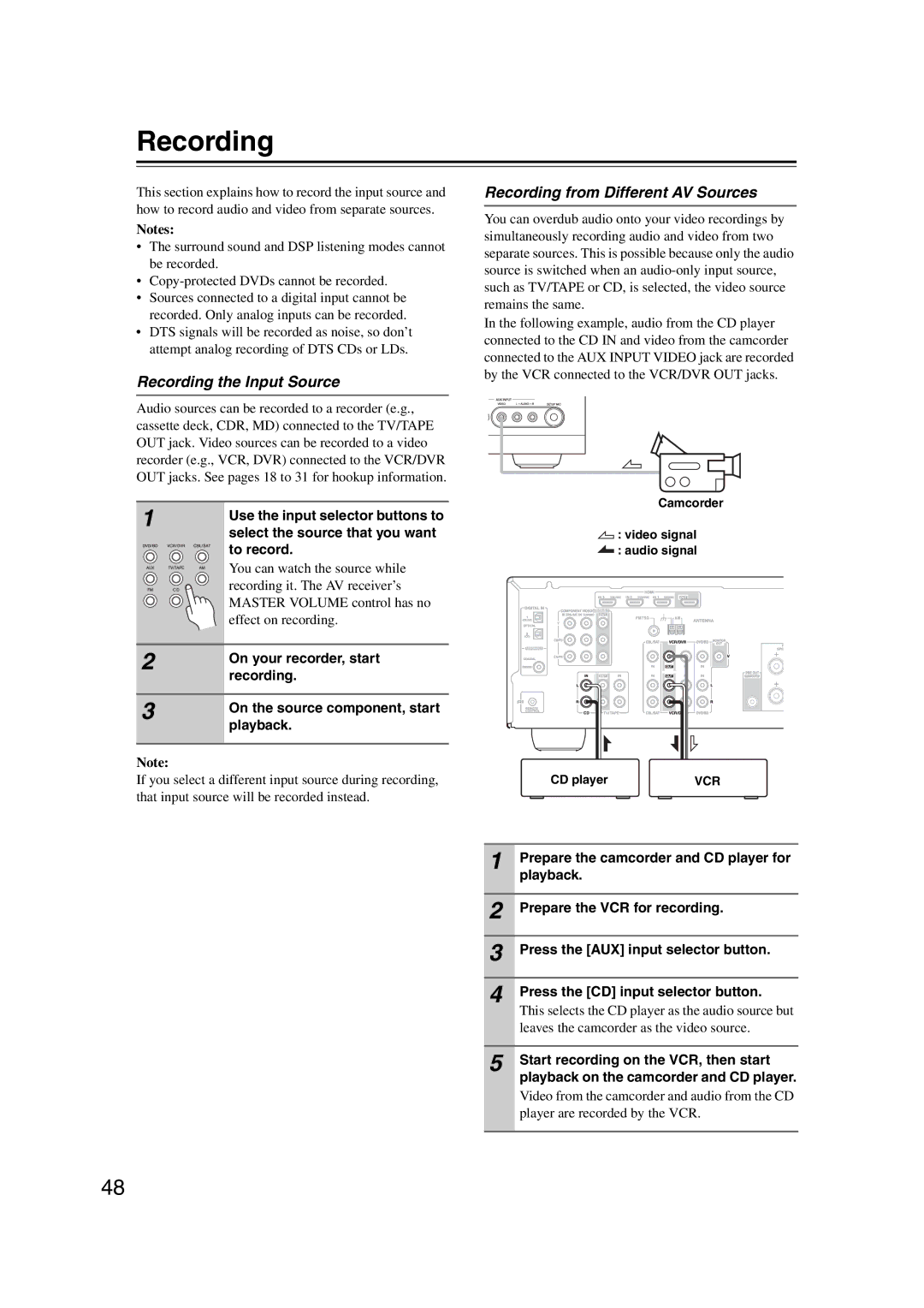 Onkyo TXSR307 instruction manual Recording from Different AV Sources, Recording the Input Source 