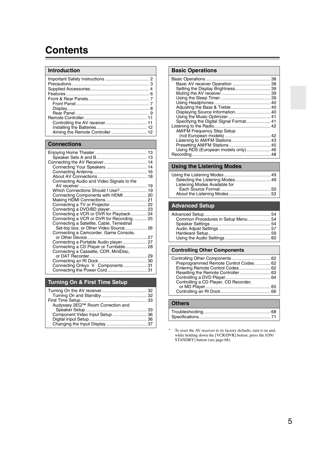 Onkyo TXSR307 instruction manual Contents 