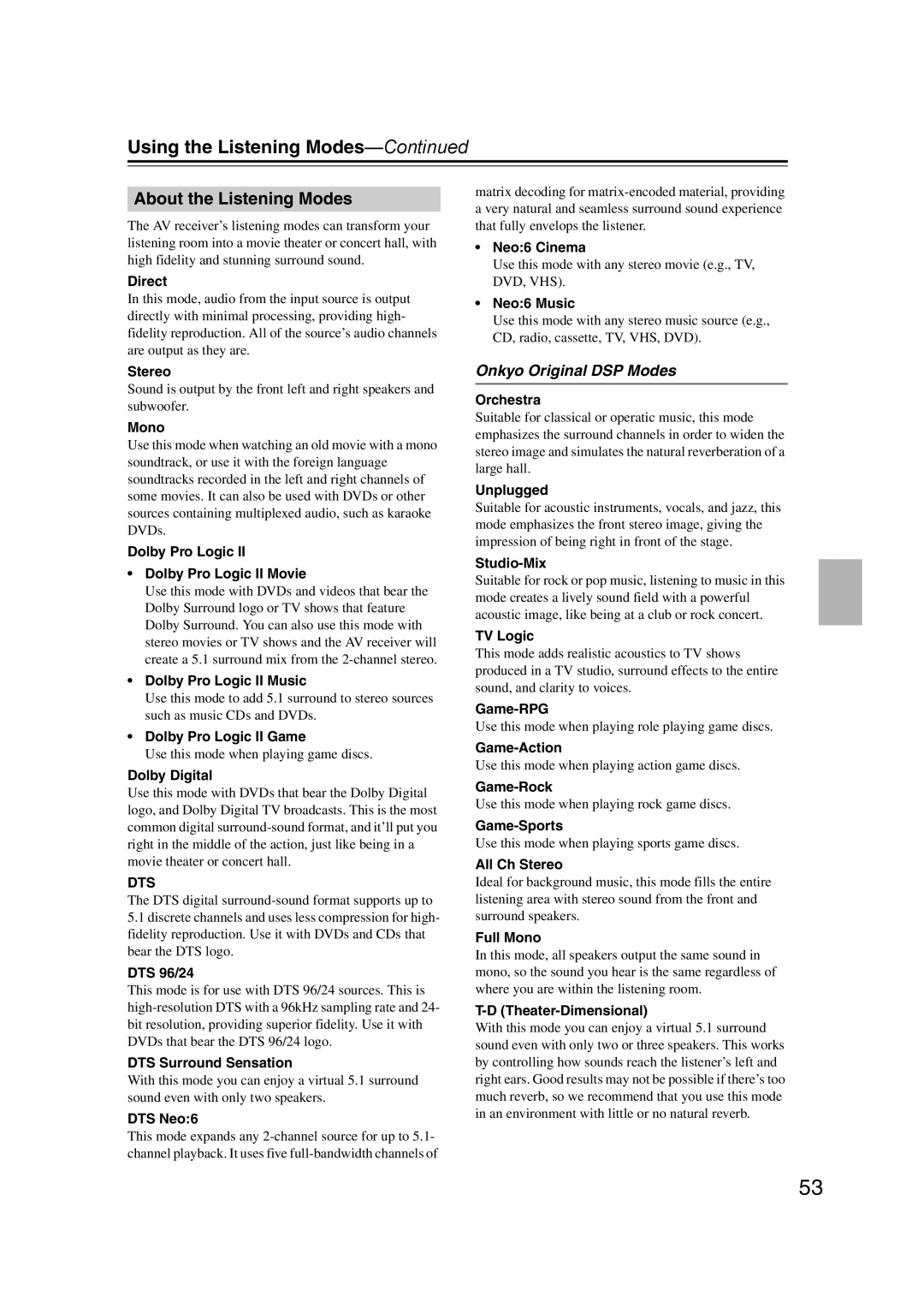 Onkyo TXSR307 instruction manual About the Listening Modes, Onkyo Original DSP Modes 