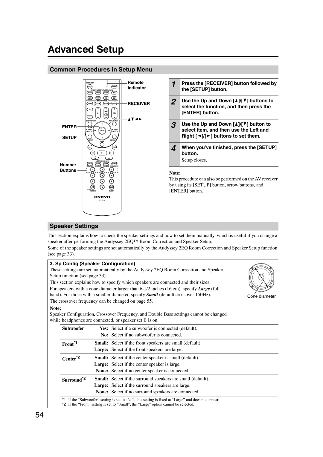 Onkyo TXSR307 instruction manual Advanced Setup, Common Procedures in Setup Menu, Speaker Settings 