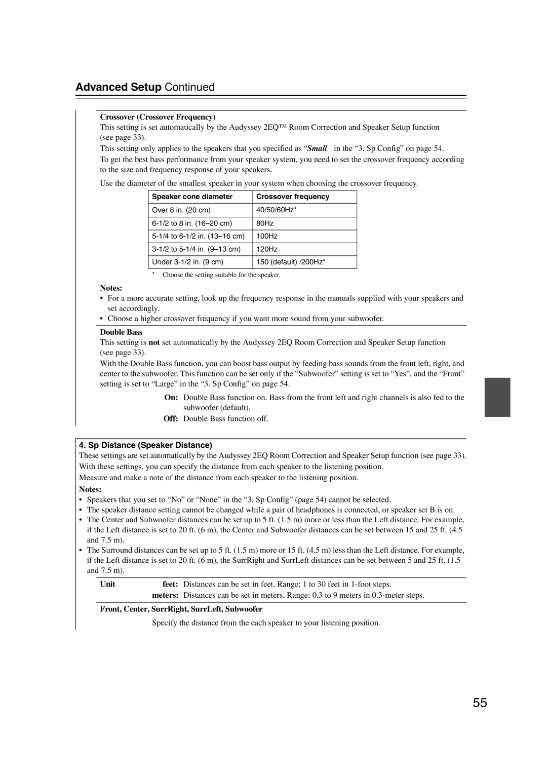 Onkyo TXSR307 instruction manual Advanced Setup, Sp Distance Speaker Distance 