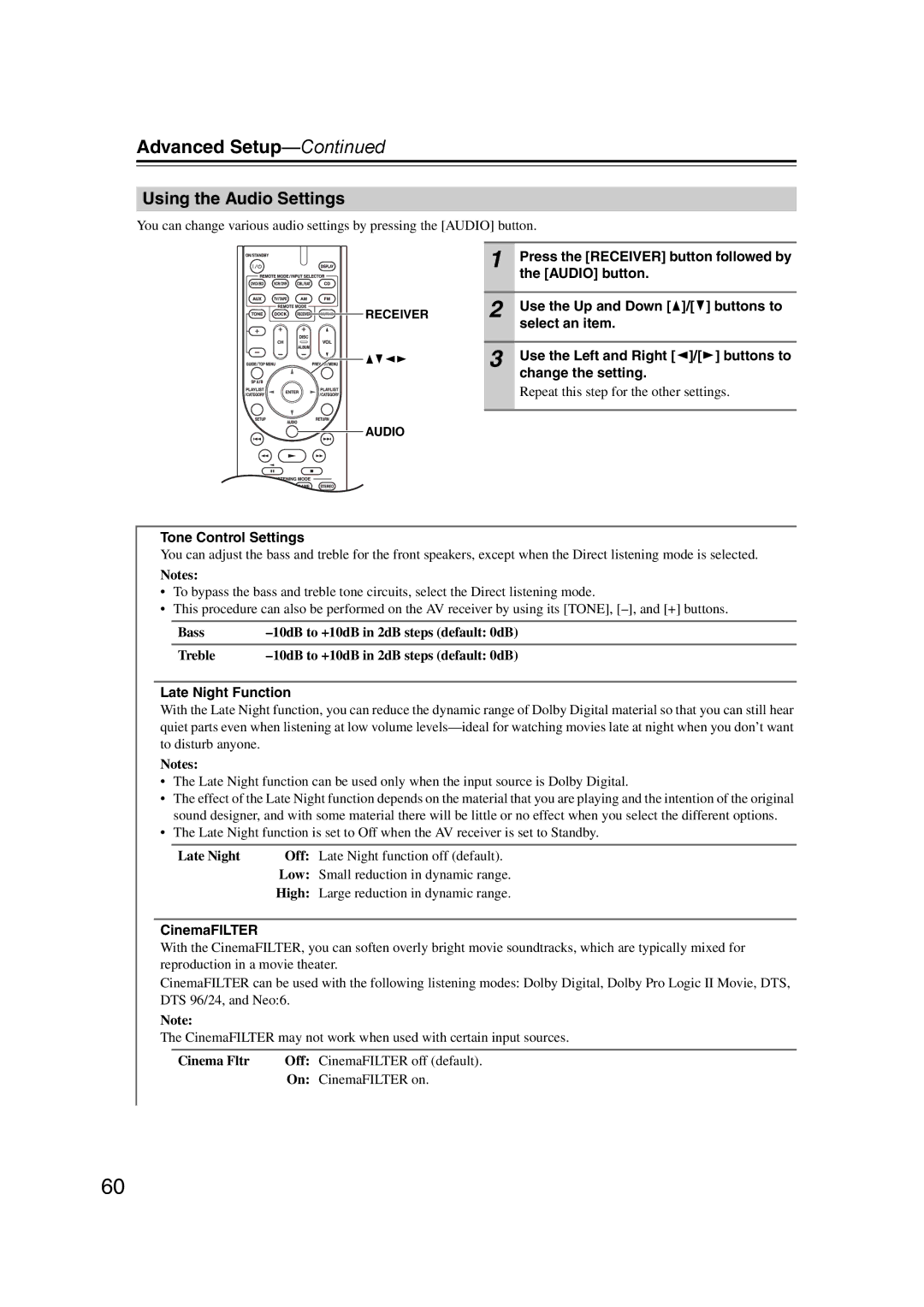 Onkyo TXSR307 instruction manual Using the Audio Settings 