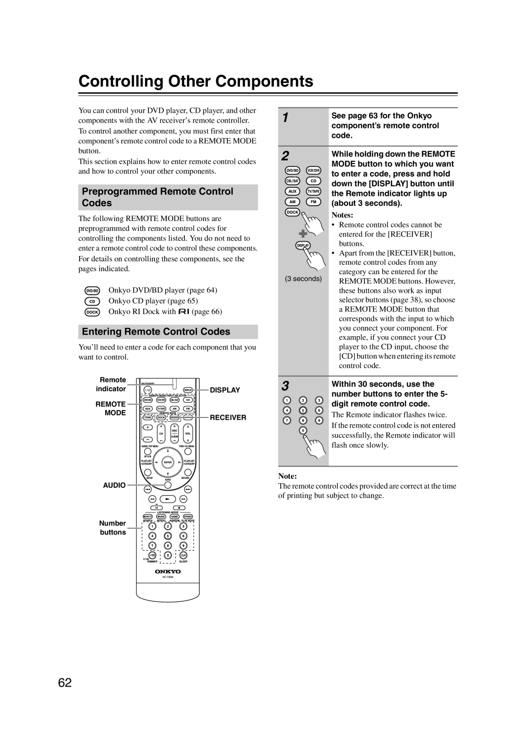 Onkyo TXSR307 Controlling Other Components, Preprogrammed Remote Control Codes, Entering Remote Control Codes 