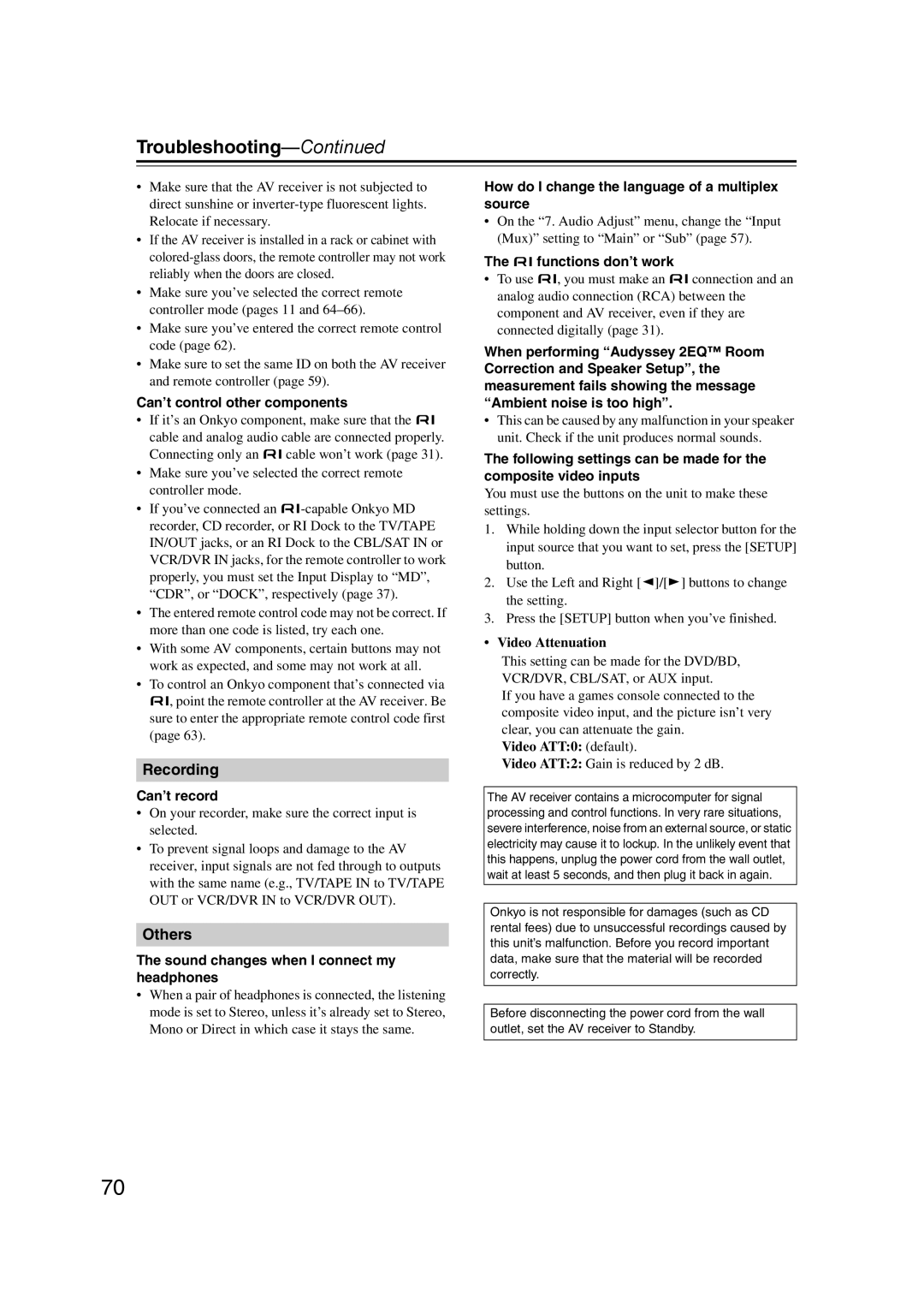 Onkyo TXSR307 instruction manual Can’t control other components, Can’t record, Sound changes when I connect my headphones 