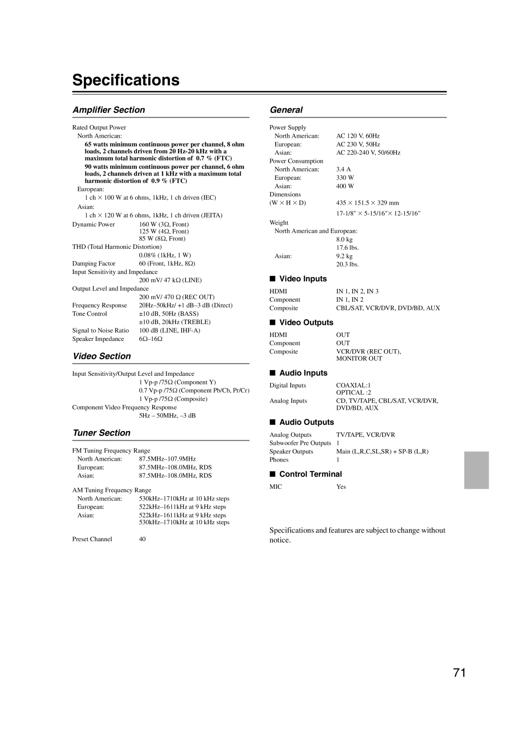 Onkyo TXSR307 instruction manual Specifications, Amplifier Section, Video Section, Tuner Section, General 