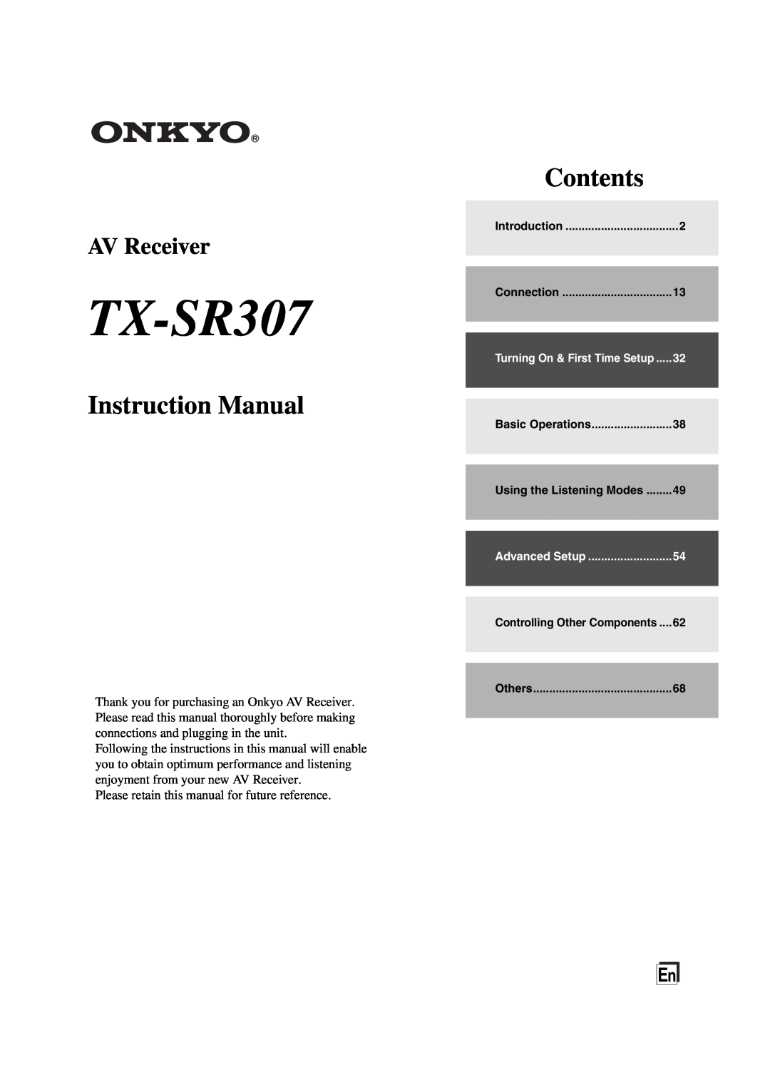 Onkyo TXSR307 instruction manual TX-SR307, Contents, AV Receiver 