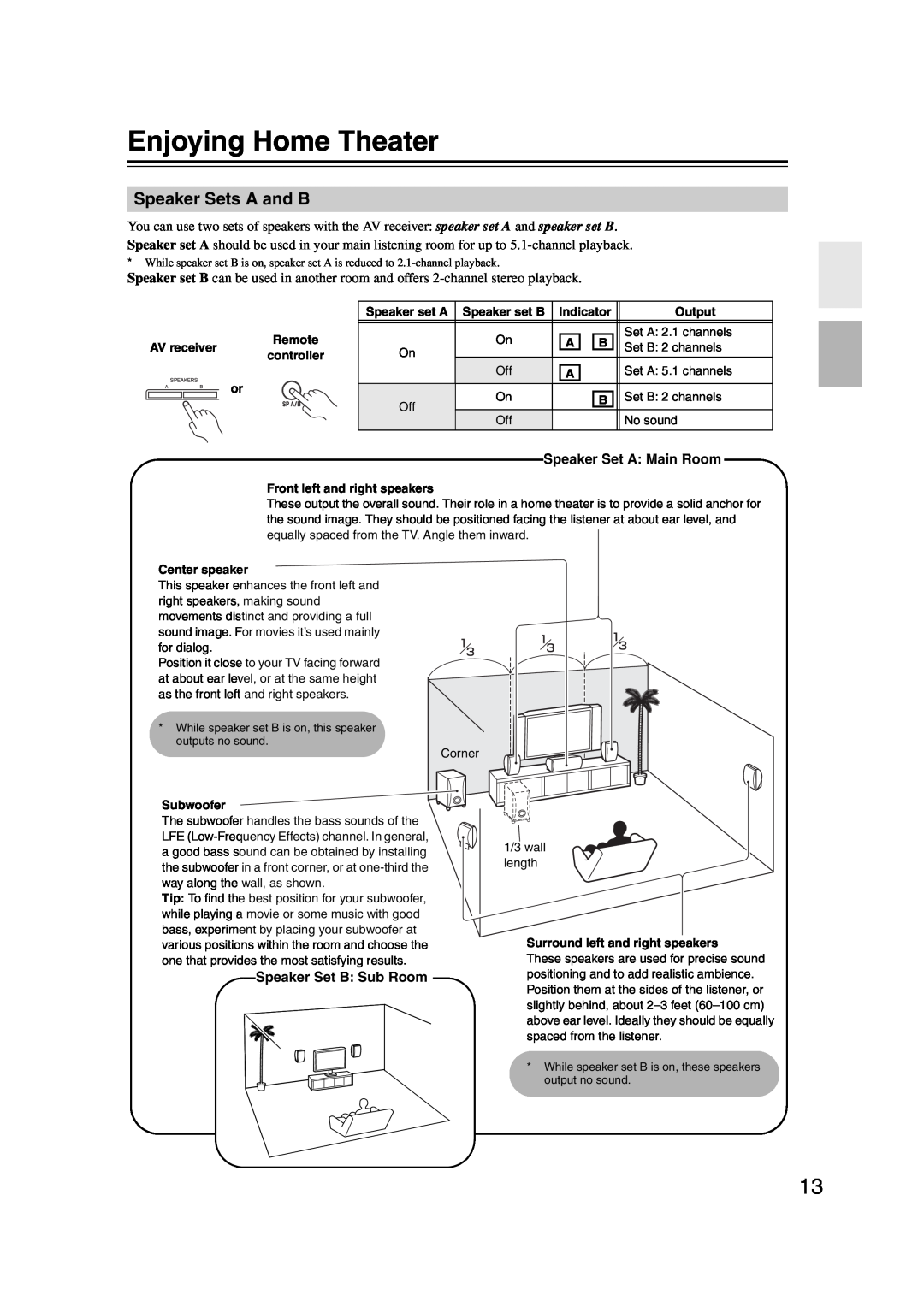 Onkyo TXSR307 instruction manual Enjoying Home Theater, Speaker Sets A and B 