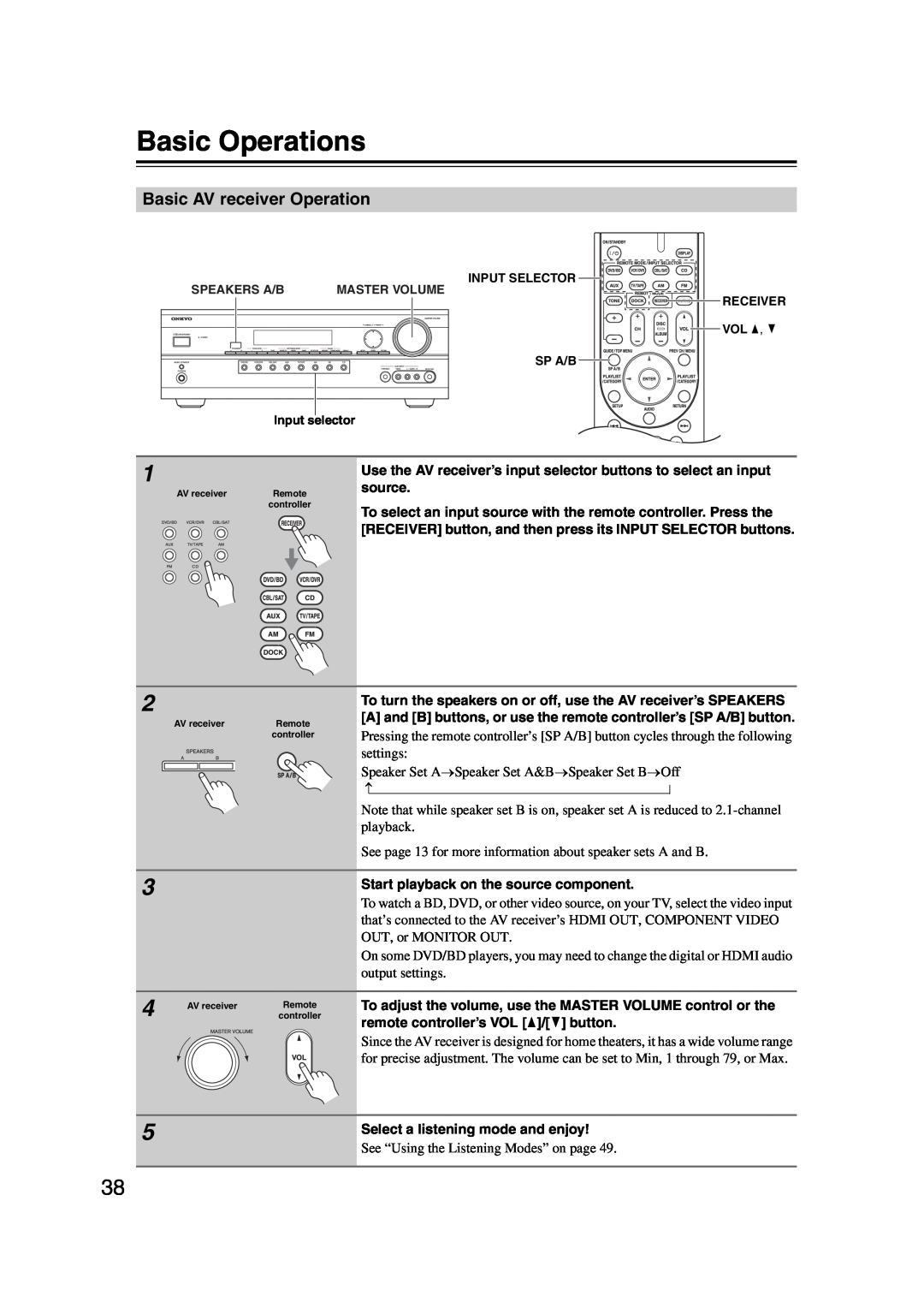 Onkyo TXSR307 instruction manual Basic Operations, Basic AV receiver Operation 