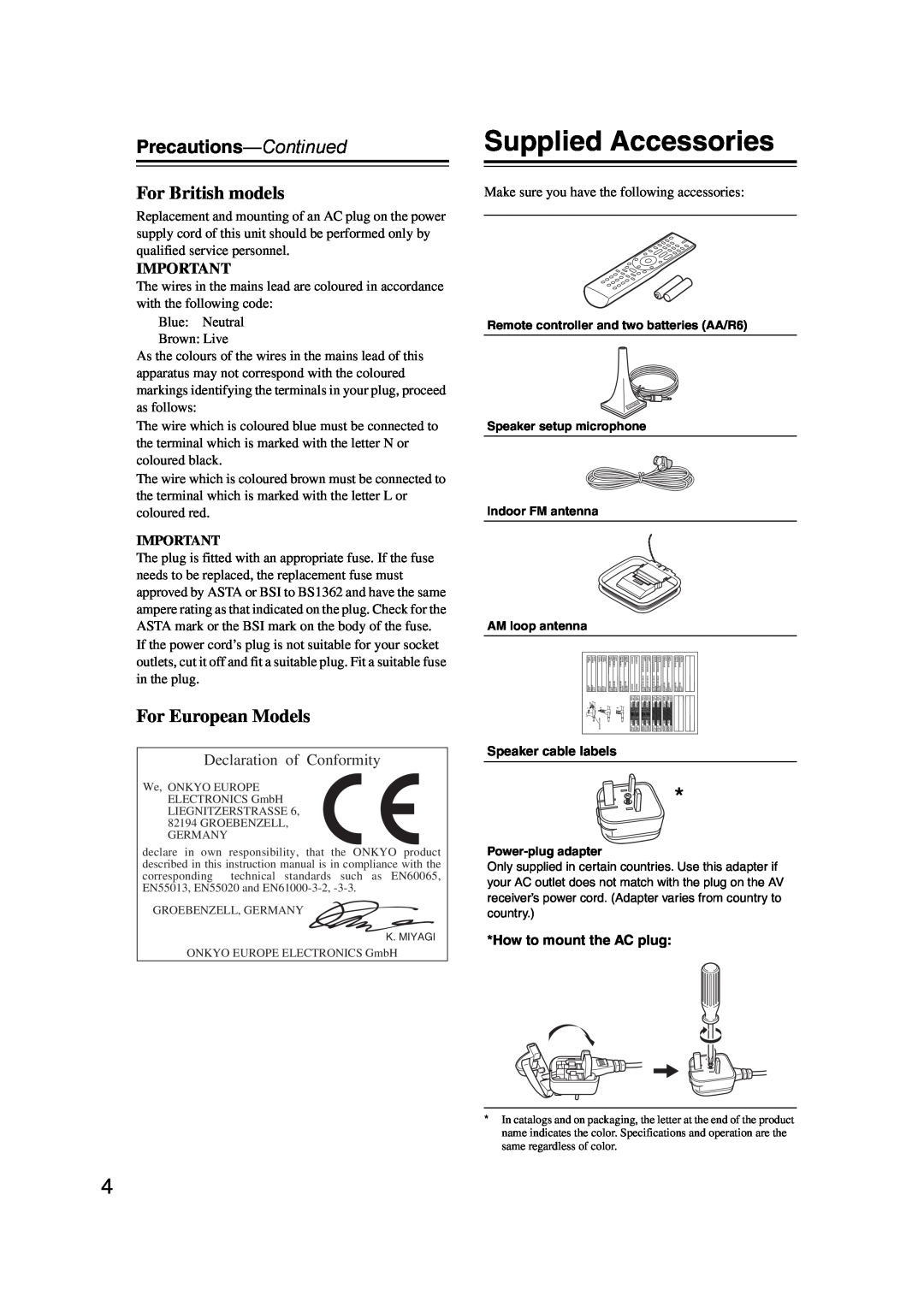 Onkyo TXSR307 instruction manual Supplied Accessories, Precautions-Continued, For British models, For European Models 