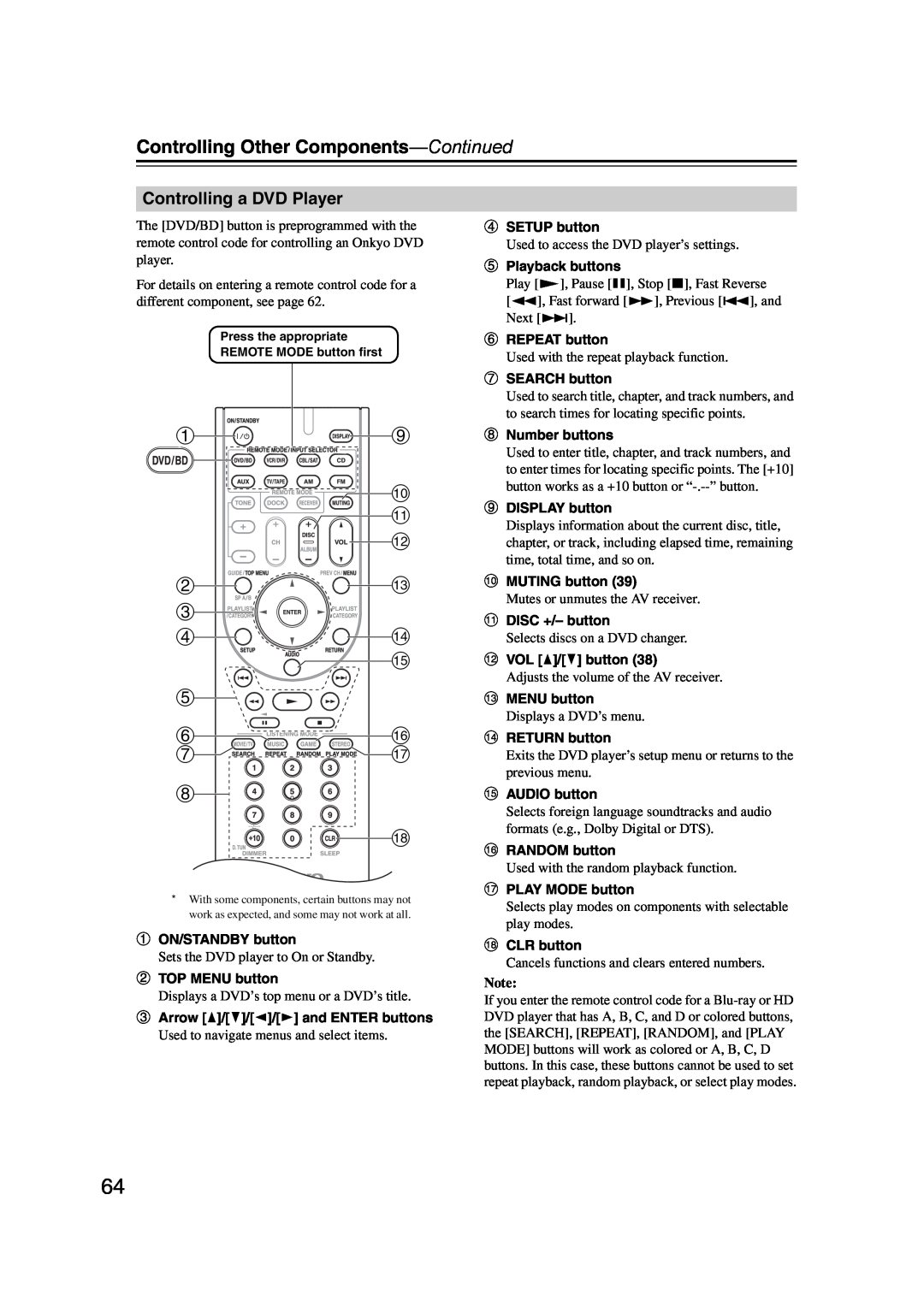 Onkyo TXSR307 instruction manual Controlling Other Components-Continued 