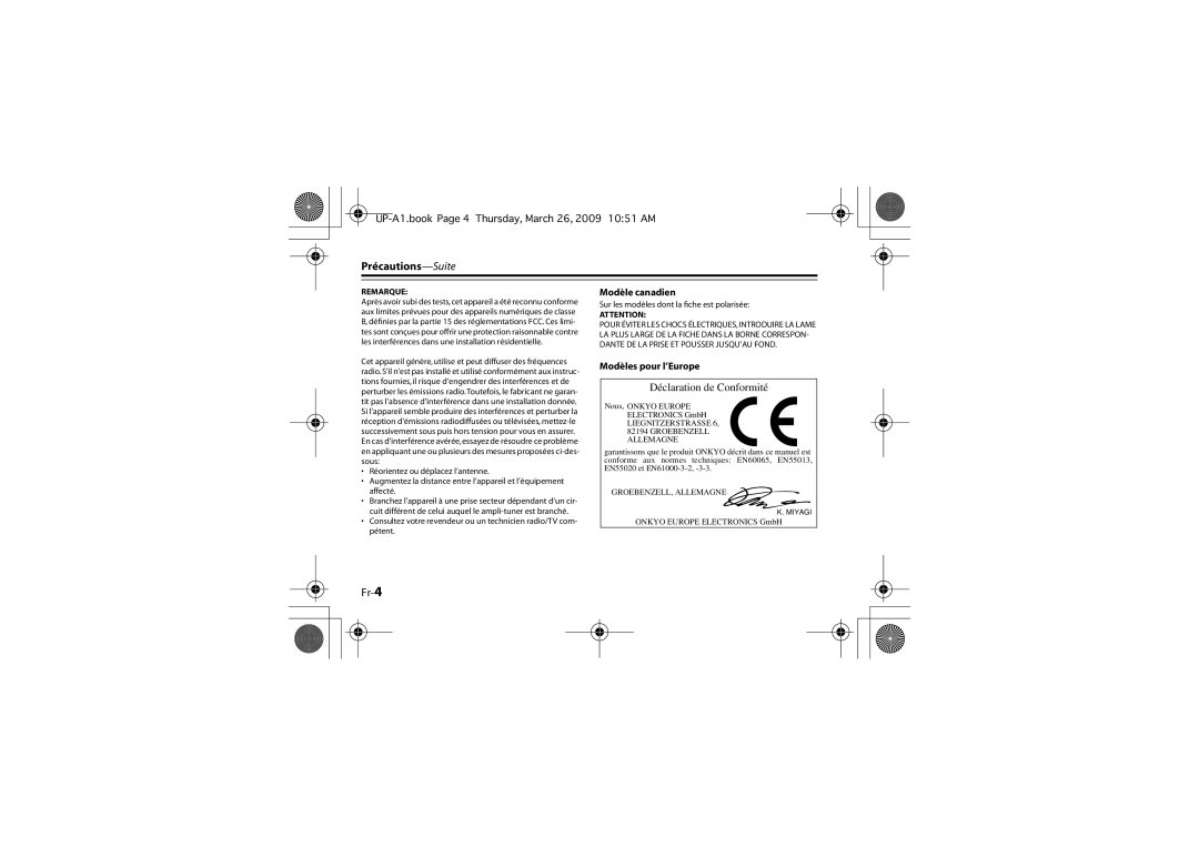 Onkyo UP-A1 instruction manual Précautions-Suite, Fr-4 