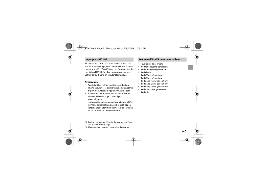 Onkyo instruction manual Propos de l’UP-A1, Modèles d’iPod/iPhone compatibles, Fr-5 