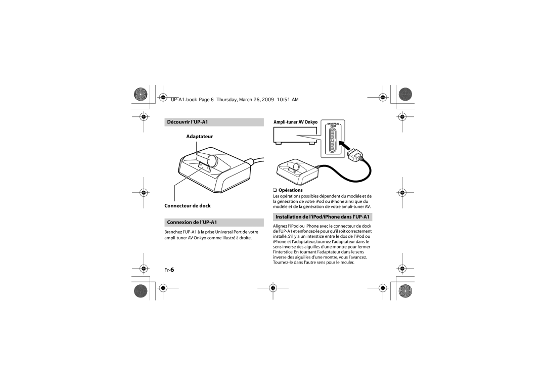 Onkyo instruction manual Fr-6, Opérations, Installation de l’iPod/iPhone dans l’UP-A1 