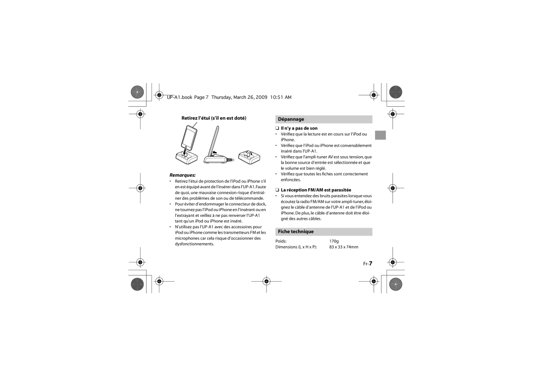 Onkyo UP-A1 instruction manual Retirez l’étui s’il en est doté, Dépannage, Fiche technique, Fr-7 