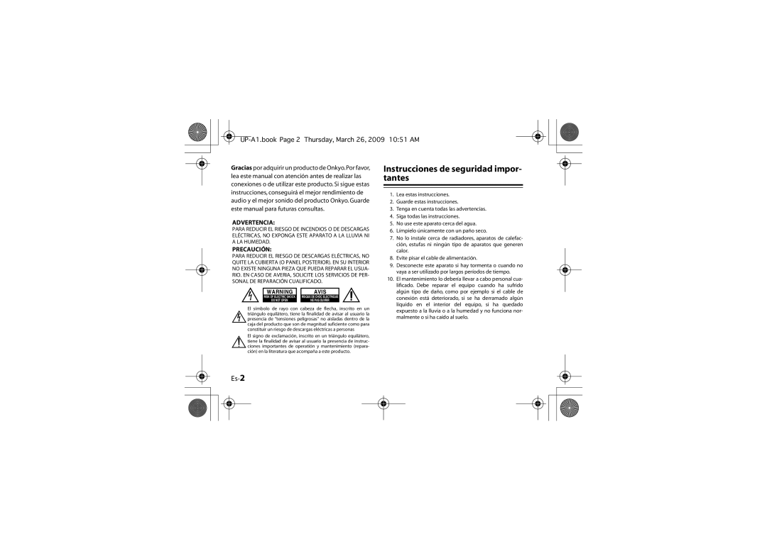 Onkyo UP-A1 instruction manual Instrucciones de seguridad impor- tantes, Es-2 