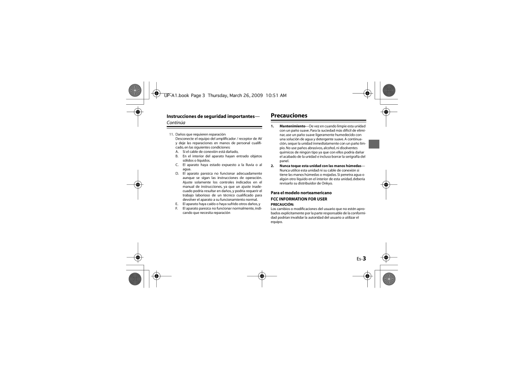 Onkyo UP-A1 instruction manual Precauciones, Es-3, Instrucciones de seguridad importantes 