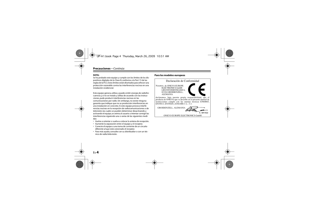 Onkyo UP-A1 instruction manual Precauciones-Continúa, Es-4 