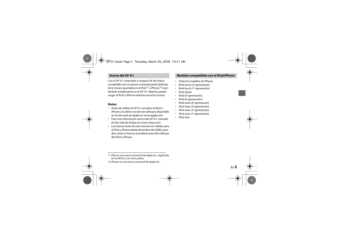 Onkyo instruction manual Acerca del UP-A1, Modelos compatibles con el iPod/iPhone, Es-5 