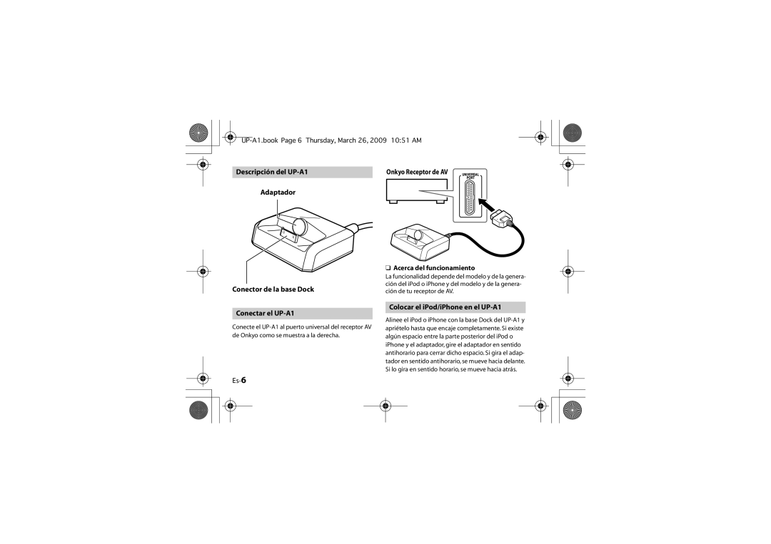 Onkyo instruction manual Es-6, Colocar el iPod/iPhone en el UP-A1, Acerca del funcionamiento 