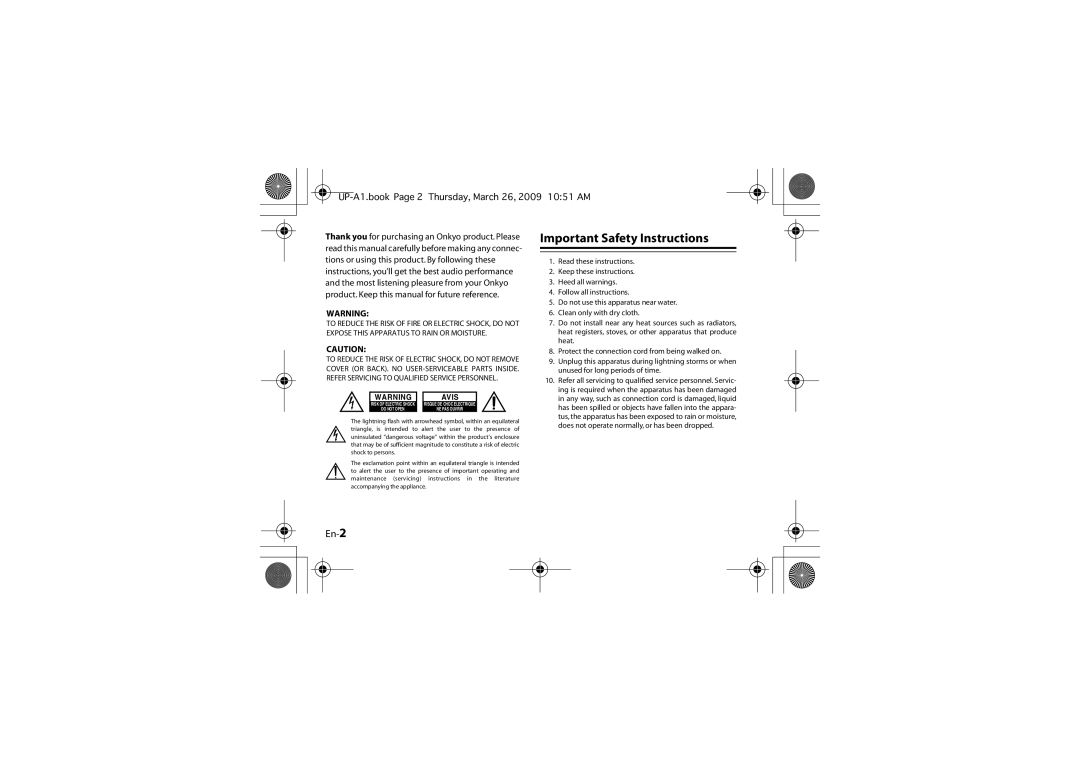 Onkyo UP-A1 instruction manual Important Safety Instructions, En-2 