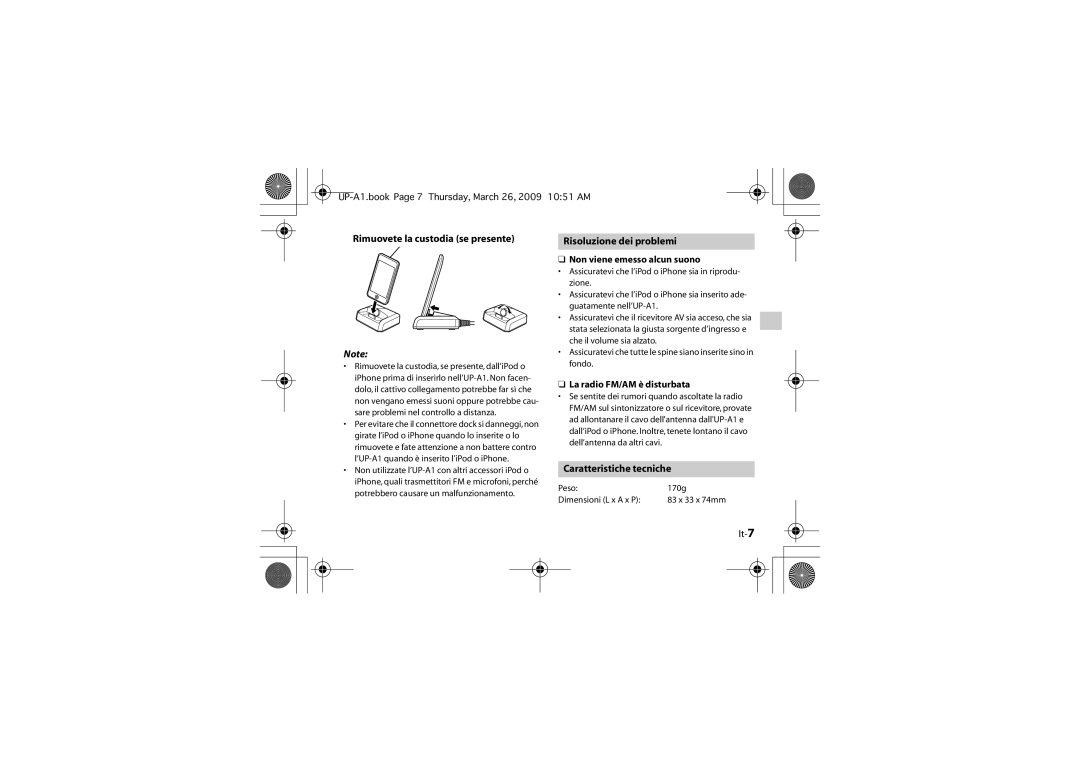 Onkyo UP-A1 instruction manual Rimuovete la custodia se presente, Risoluzione dei problemi, Caratteristiche tecniche, It-7 