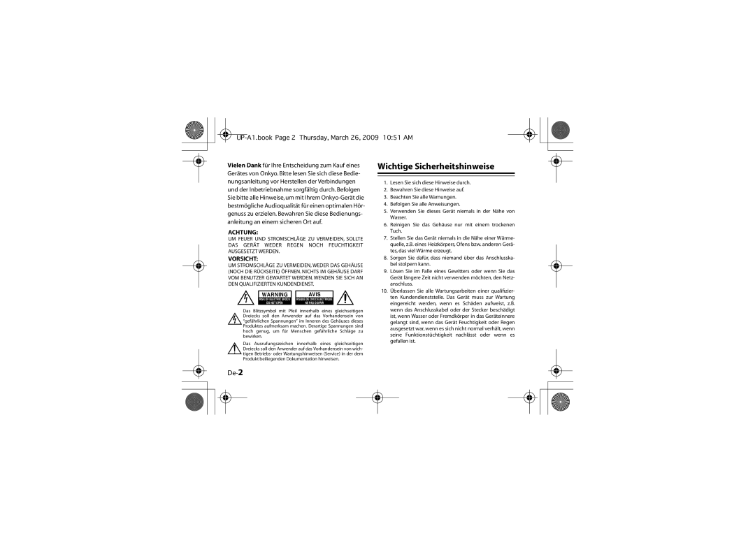 Onkyo UP-A1 instruction manual Wichtige Sicherheitshinweise, De-2 