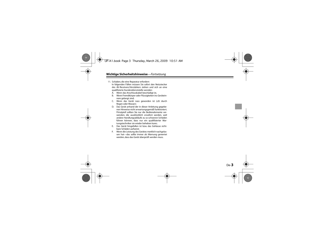 Onkyo UP-A1 instruction manual Wichtige Sicherheitshinweise-Fortsetzung, De-3 