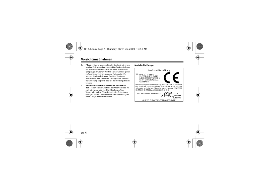 Onkyo UP-A1 instruction manual Vorsichtsmaßnahmen, De-4 