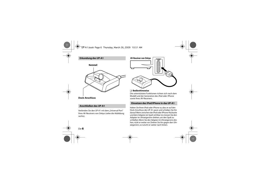 Onkyo instruction manual De-6, Einsetzen des iPod/iPhone in das UP-A1, Bedienhinweise 