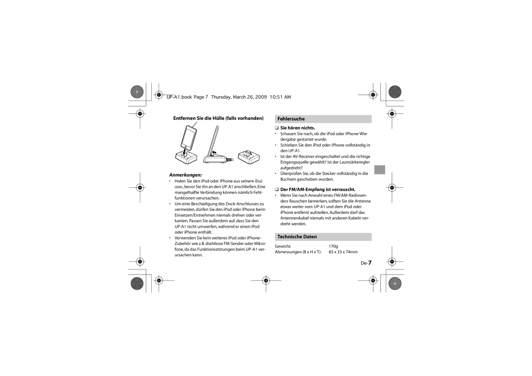 Onkyo UP-A1 instruction manual Fehlersuche, Technische Daten, De-7 