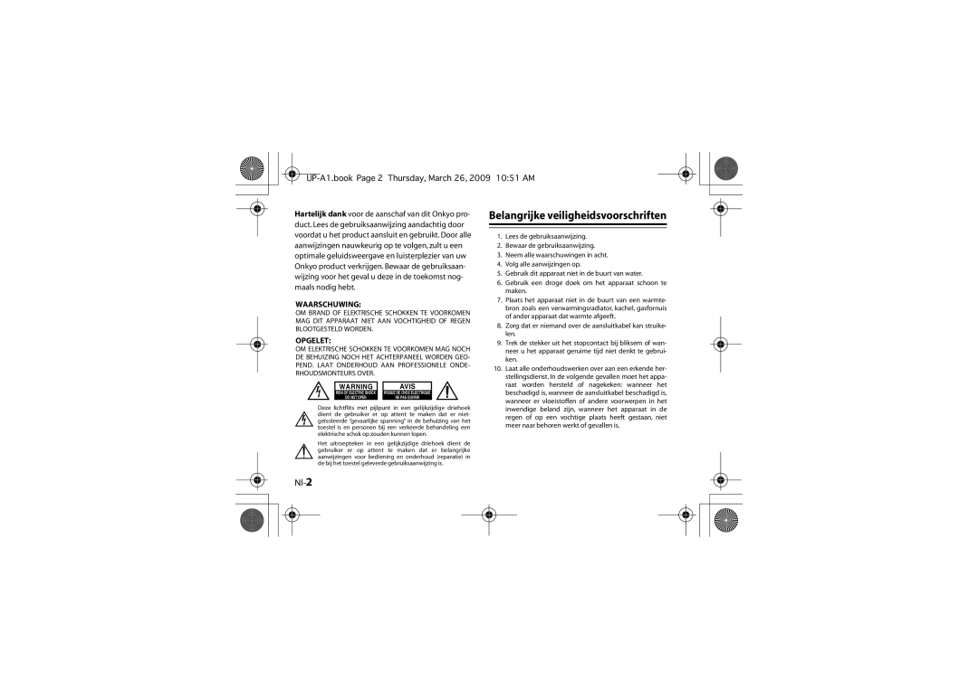 Onkyo UP-A1 instruction manual Belangrijke veiligheidsvoorschriften, Nl-2 