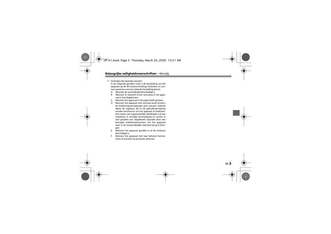 Onkyo UP-A1 instruction manual Belangrijke veiligheidsvoorschriften-Vervolg, Nl-3 