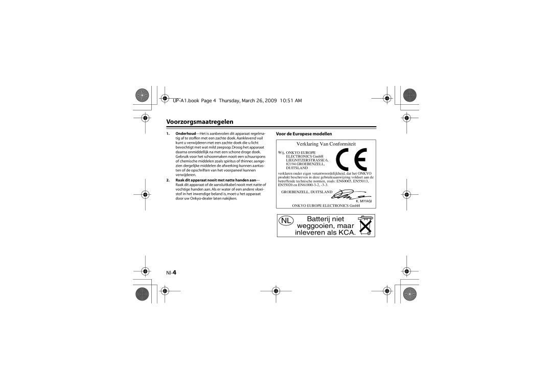 Onkyo UP-A1 instruction manual Voorzorgsmaatregelen, Nl-4 