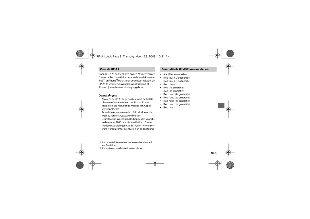 Onkyo instruction manual Over de UP-A1, Compatibele iPod/iPhone-modellen, Nl-5 