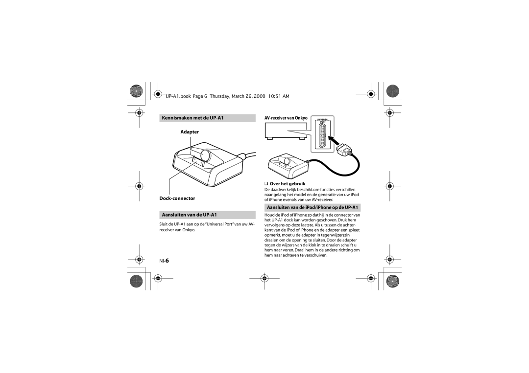 Onkyo instruction manual Nl-6, Over het gebruik, Aansluiten van de iPod/iPhone op de UP-A1 