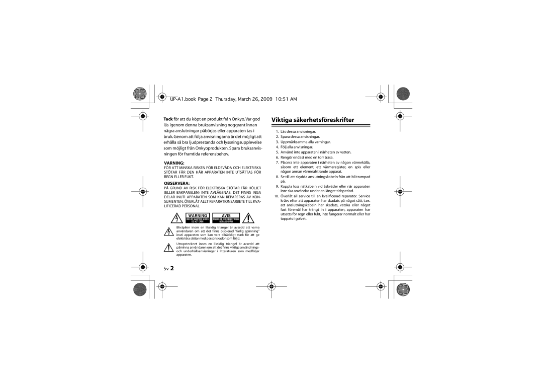 Onkyo UP-A1 instruction manual Viktiga säkerhetsföreskrifter, Sv-2 