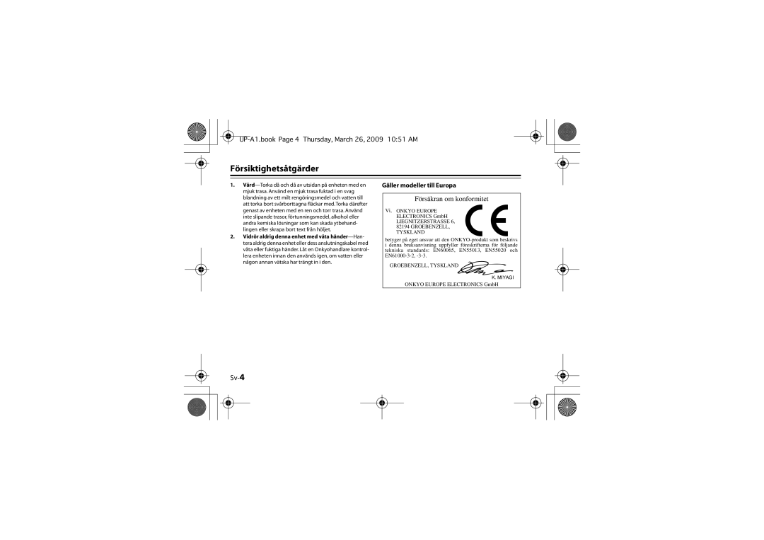 Onkyo UP-A1 instruction manual Försiktighetsåtgärder, Sv-4 