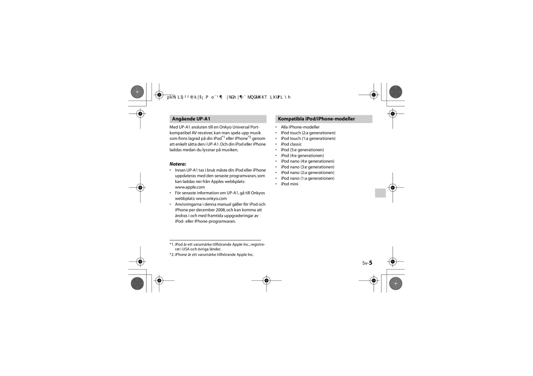 Onkyo instruction manual Angående UP-A1, Kompatibla iPod/iPhone-modeller, Sv-5 